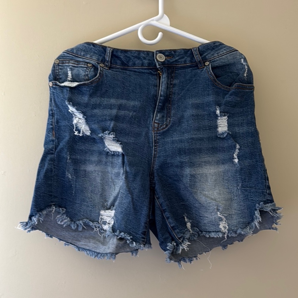 Eloquii Blue Jean Shorts with Distressed Frayed Hem